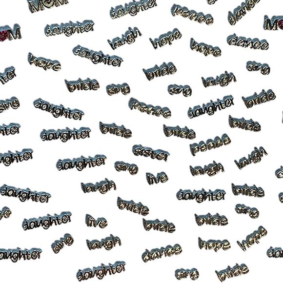 Lot of 60+ Pcs Floating Locket Silver Charms Words Daughter Bride Love Dance Mom - Picture 3 of 9